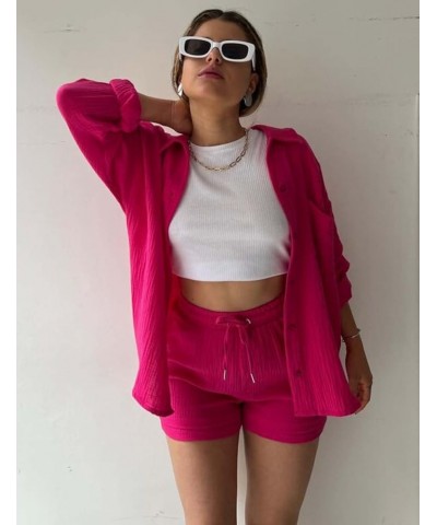 Women 2 Piece Outfits Set Lounge Tracksuit Long Sleeve Summer Vacation Button Down Shirt Short Sets Rosered $13.99 Activewear