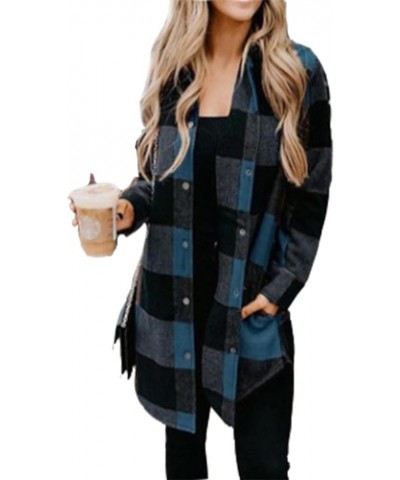 Color Block Plaid Shacket Jacket Women Cute V Neck Long Sleeve Button Down Blouses Tops Flannel Shirts Jackets Coats Blue $19...