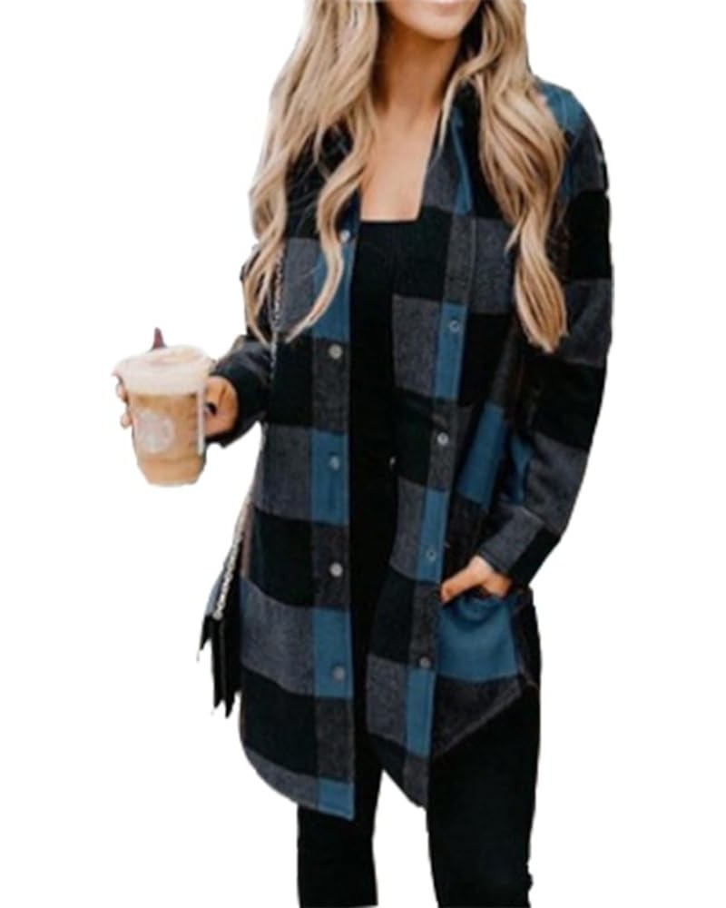 Color Block Plaid Shacket Jacket Women Cute V Neck Long Sleeve Button Down Blouses Tops Flannel Shirts Jackets Coats Blue $19...