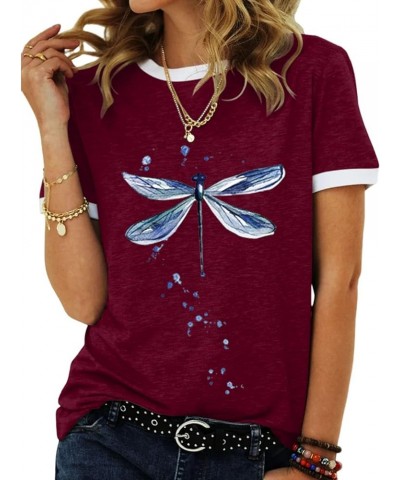 Women's Graphic Tees Casual Summer Funny Dragonfly Printed Short Sleeve Cute T Shirts Tops Wine Red $11.50 T-Shirts