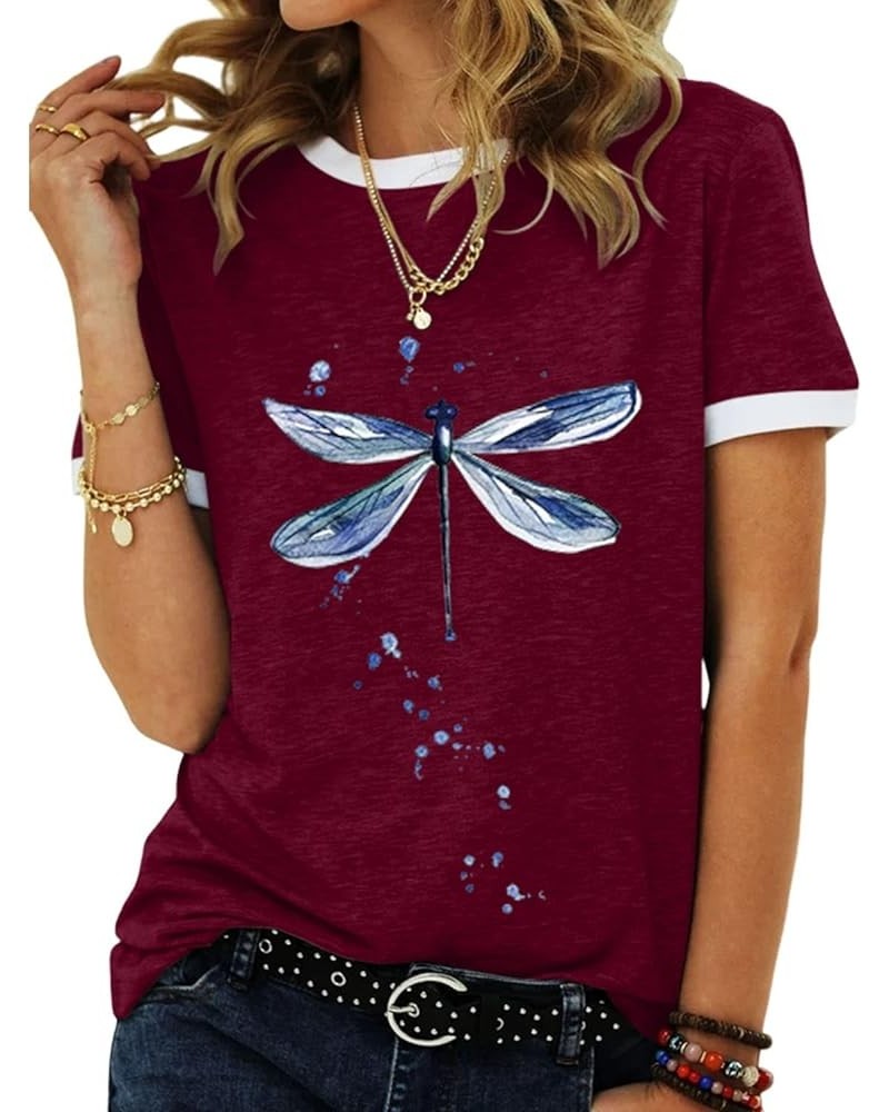 Women's Graphic Tees Casual Summer Funny Dragonfly Printed Short Sleeve Cute T Shirts Tops Wine Red $11.50 T-Shirts