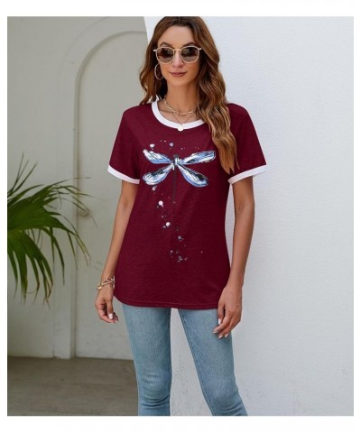 Women's Graphic Tees Casual Summer Funny Dragonfly Printed Short Sleeve Cute T Shirts Tops Wine Red $11.50 T-Shirts