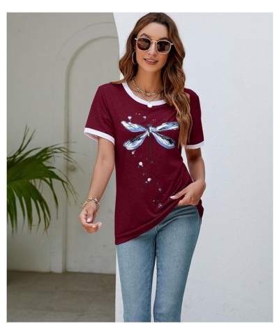 Women's Graphic Tees Casual Summer Funny Dragonfly Printed Short Sleeve Cute T Shirts Tops Wine Red $11.50 T-Shirts