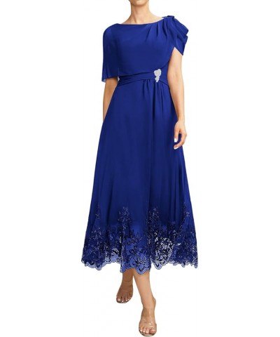 Mother of The Bride Dresses Chiffon Wedding Guest Dresses for Women Formal Evening Dresses with Sleeves Tea Length Royal Blue...