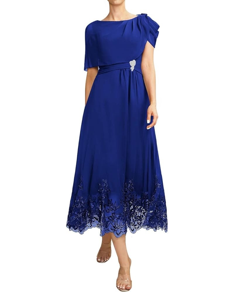 Mother of The Bride Dresses Chiffon Wedding Guest Dresses for Women Formal Evening Dresses with Sleeves Tea Length Royal Blue...