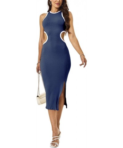 Womens Sexy Cut Out Waist Open Back Bodycon Dress Ankle Length Ribbed Party Club Midi Mini Dresses Left Slit - Dusty Blue $16...