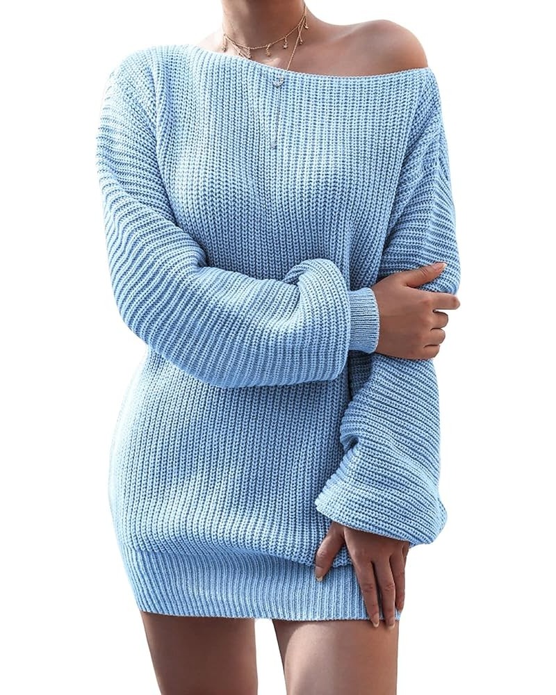 Womens Sweater Dress Casual Long Sleeve Pullover Dresses Off Shoulder Chunky Sweater Dress Jumper Oversized Dress Blue-dress ...