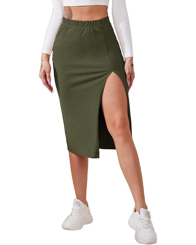 Women's Elastic Waist Split Thigh Pencil Bodycon Midi Skirt Army Green $14.74 Skirts