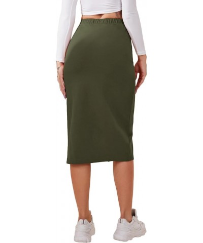 Women's Elastic Waist Split Thigh Pencil Bodycon Midi Skirt Army Green $14.74 Skirts