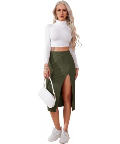 Women's Elastic Waist Split Thigh Pencil Bodycon Midi Skirt Army Green $14.74 Skirts