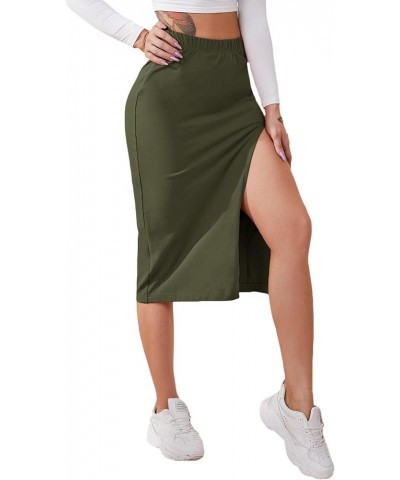 Women's Elastic Waist Split Thigh Pencil Bodycon Midi Skirt Army Green $14.74 Skirts