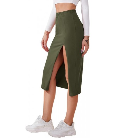 Women's Elastic Waist Split Thigh Pencil Bodycon Midi Skirt Army Green $14.74 Skirts