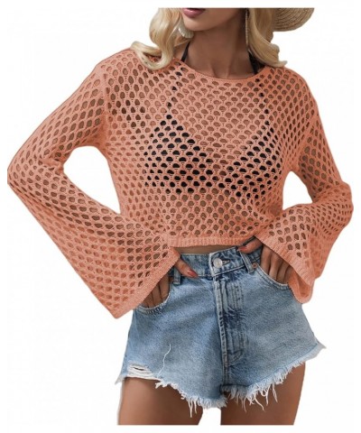 Women's Scoop Neck Long Sleeve Top Hollow Out Crochet Bikini Cover Ups Orange $11.39 Swimsuits