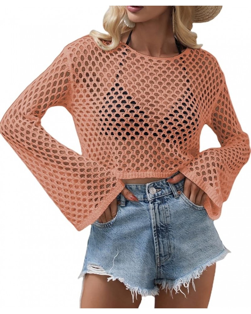 Women's Scoop Neck Long Sleeve Top Hollow Out Crochet Bikini Cover Ups Orange $11.39 Swimsuits