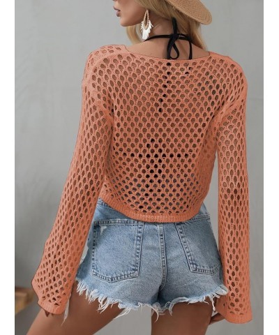 Women's Scoop Neck Long Sleeve Top Hollow Out Crochet Bikini Cover Ups Orange $11.39 Swimsuits