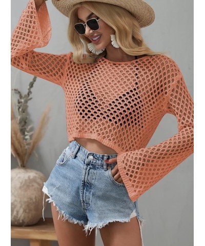 Women's Scoop Neck Long Sleeve Top Hollow Out Crochet Bikini Cover Ups Orange $11.39 Swimsuits