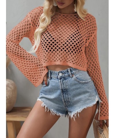 Women's Scoop Neck Long Sleeve Top Hollow Out Crochet Bikini Cover Ups Orange $11.39 Swimsuits