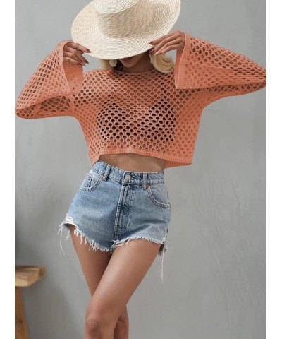 Women's Scoop Neck Long Sleeve Top Hollow Out Crochet Bikini Cover Ups Orange $11.39 Swimsuits