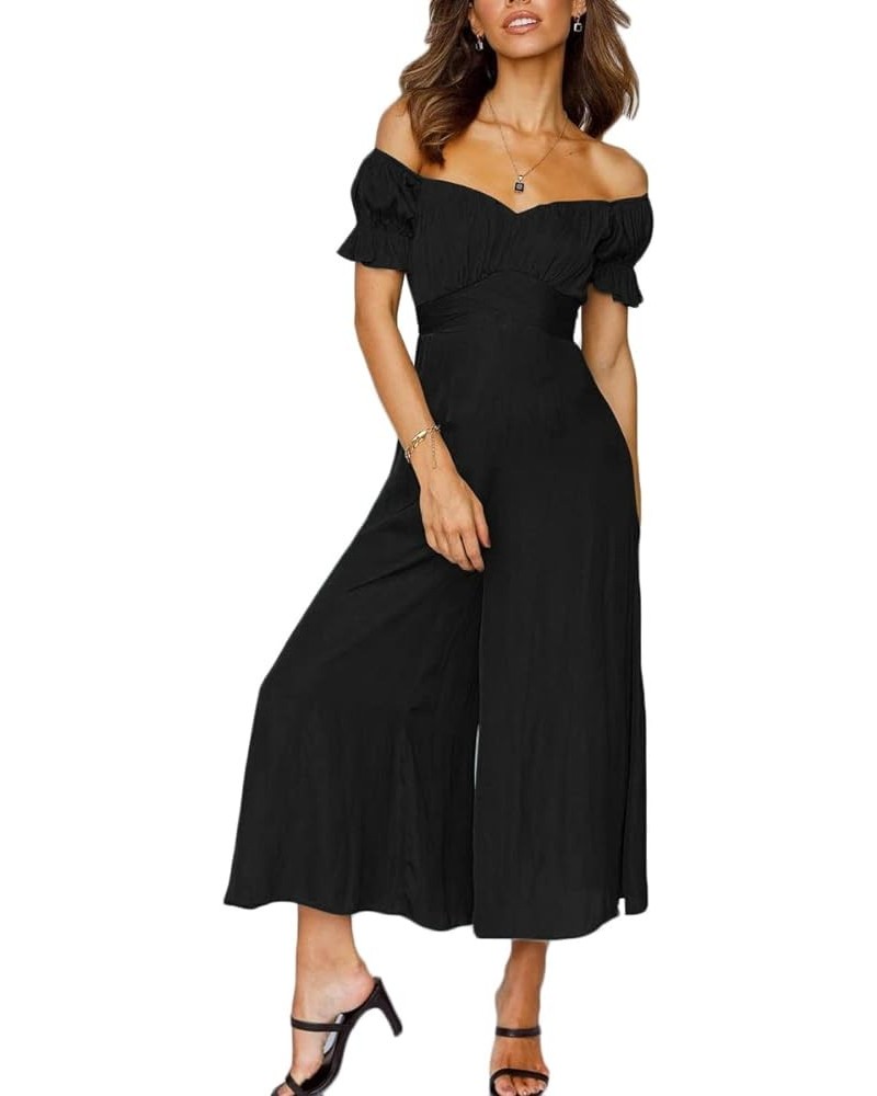 Jumpsuits for Women Sexy Off Shoulder Puff Sleeve Wide Leg Pants Romper Dress Black $12.50 Jumpsuits