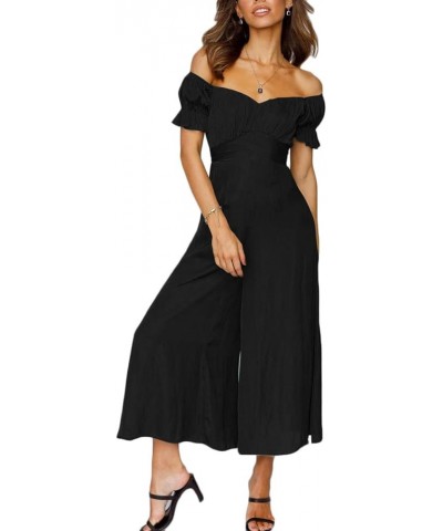 Jumpsuits for Women Sexy Off Shoulder Puff Sleeve Wide Leg Pants Romper Dress Black $12.50 Jumpsuits