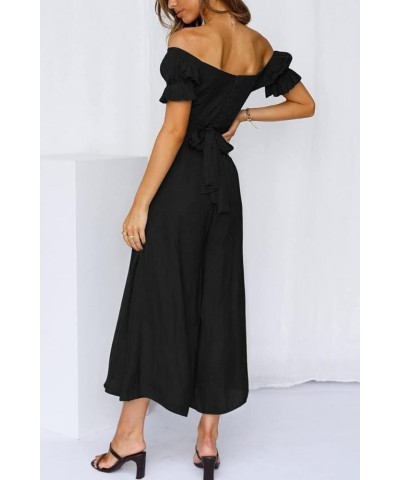 Jumpsuits for Women Sexy Off Shoulder Puff Sleeve Wide Leg Pants Romper Dress Black $12.50 Jumpsuits