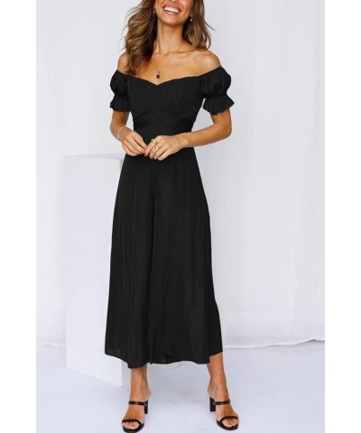 Jumpsuits for Women Sexy Off Shoulder Puff Sleeve Wide Leg Pants Romper Dress Black $12.50 Jumpsuits