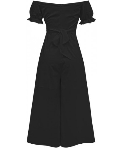 Jumpsuits for Women Sexy Off Shoulder Puff Sleeve Wide Leg Pants Romper Dress Black $12.50 Jumpsuits