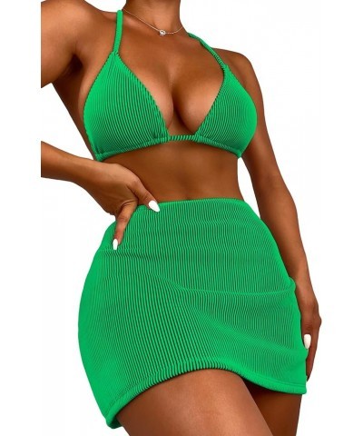 Women's 3 Piece Swimsuits Rib Halter Tied Triangle Bikini Set with Beach Skirt Green $19.79 Swimsuits