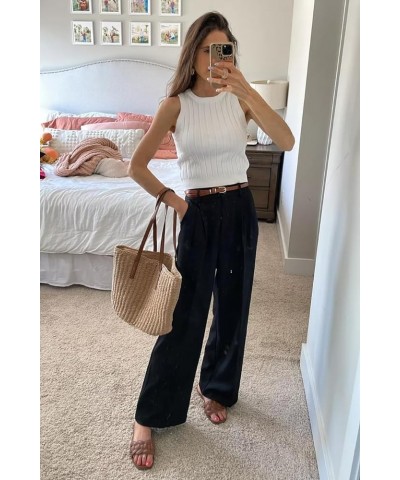 Womens Wide Leg Pants Summer Casual High Waisted Linen Pants Palazzo Trousers Office Work Flowy Pants with Pockets Black $9.0...