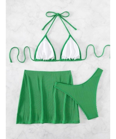 Women's 3 Piece Swimsuits Rib Halter Tied Triangle Bikini Set with Beach Skirt Green $19.79 Swimsuits