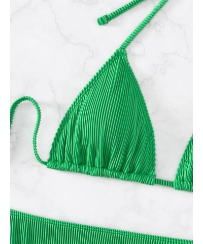 Women's 3 Piece Swimsuits Rib Halter Tied Triangle Bikini Set with Beach Skirt Green $19.79 Swimsuits