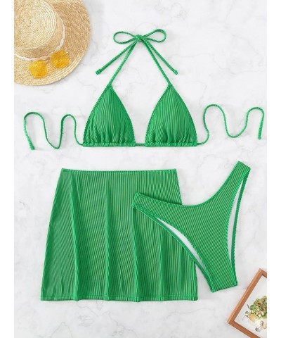 Women's 3 Piece Swimsuits Rib Halter Tied Triangle Bikini Set with Beach Skirt Green $19.79 Swimsuits