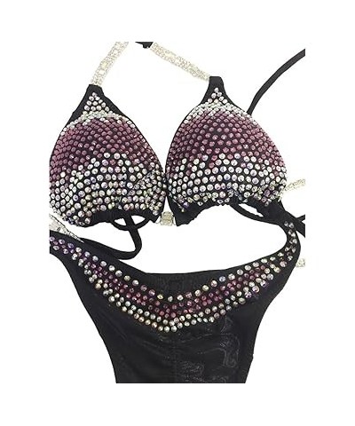 Competition Bikini Black with Rose Crystal Rhinestones Triangle Push Up Top Scrunched Butt Bikini (Small Hips 32"-34", C/D) S...