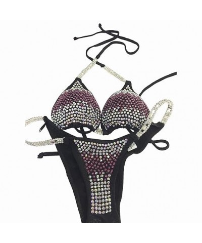 Competition Bikini Black with Rose Crystal Rhinestones Triangle Push Up Top Scrunched Butt Bikini (Small Hips 32"-34", C/D) S...