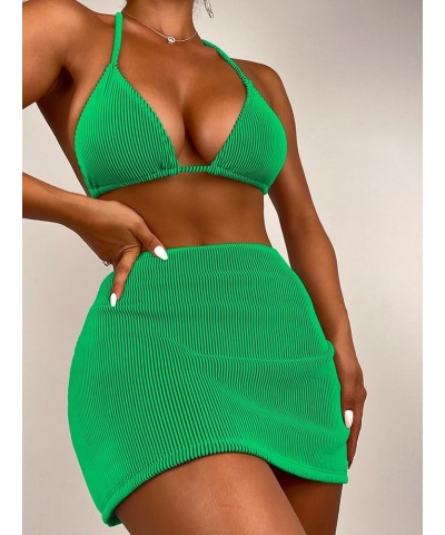 Women's 3 Piece Swimsuits Rib Halter Tied Triangle Bikini Set with Beach Skirt Green $19.79 Swimsuits