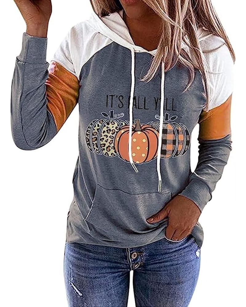 It's Fall Y'all Leopard Plaid Pumpkin Kangaroo Pocket Hoodie Women Thanksgiving Long Sleeve Color Block Fall Tops Grey $16.52...