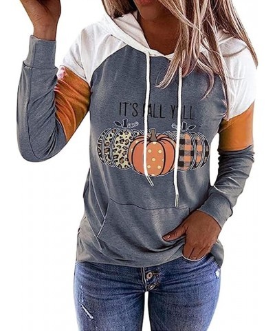 It's Fall Y'all Leopard Plaid Pumpkin Kangaroo Pocket Hoodie Women Thanksgiving Long Sleeve Color Block Fall Tops Grey $16.52...