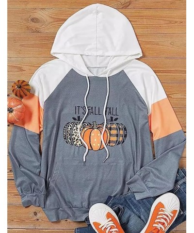 It's Fall Y'all Leopard Plaid Pumpkin Kangaroo Pocket Hoodie Women Thanksgiving Long Sleeve Color Block Fall Tops Grey $16.52...