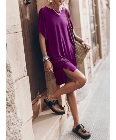 Women’s Summer Short Sleeve T-Shirt Dress Casual Loose Slit Beach Mini Dress Tunic Top Purple $19.79 Dresses