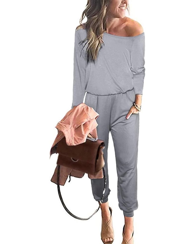 Women's Casual Long Sleeve Jumpsuit Crewneck Off Shoulder Elastic Waist Stretchy Romper Grey $25.19 Jumpsuits