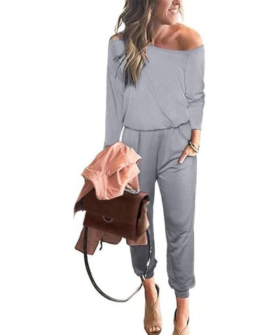 Women's Casual Long Sleeve Jumpsuit Crewneck Off Shoulder Elastic Waist Stretchy Romper Grey $25.19 Jumpsuits