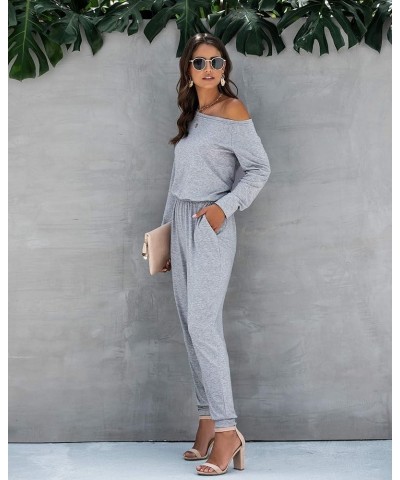 Women's Casual Long Sleeve Jumpsuit Crewneck Off Shoulder Elastic Waist Stretchy Romper Grey $25.19 Jumpsuits