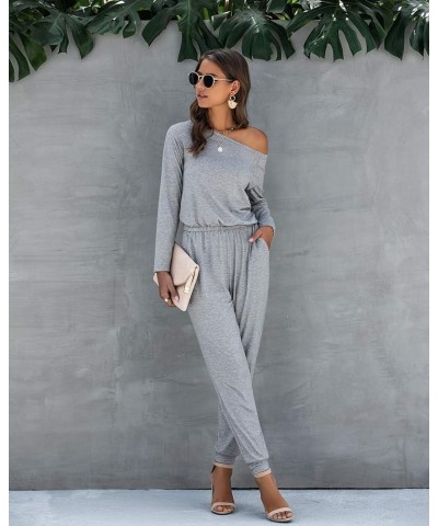 Women's Casual Long Sleeve Jumpsuit Crewneck Off Shoulder Elastic Waist Stretchy Romper Grey $25.19 Jumpsuits