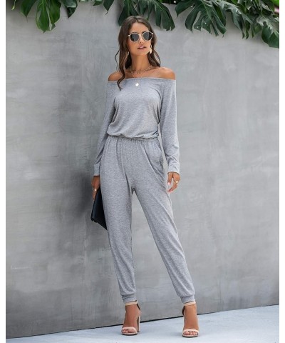 Women's Casual Long Sleeve Jumpsuit Crewneck Off Shoulder Elastic Waist Stretchy Romper Grey $25.19 Jumpsuits