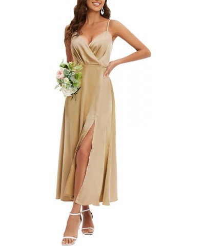 Women's 2024 Summer V Neck Satin Dress Spaghetti Strap Sleeveless Long Slit Cocktail Wedding Guest Maxi Dress Champagne $28.4...