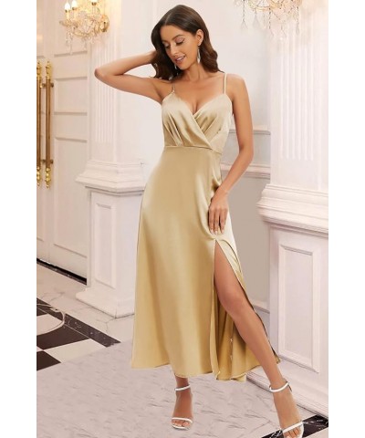 Women's 2024 Summer V Neck Satin Dress Spaghetti Strap Sleeveless Long Slit Cocktail Wedding Guest Maxi Dress Champagne $28.4...