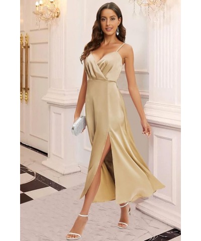 Women's 2024 Summer V Neck Satin Dress Spaghetti Strap Sleeveless Long Slit Cocktail Wedding Guest Maxi Dress Champagne $28.4...