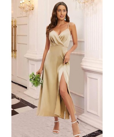 Women's 2024 Summer V Neck Satin Dress Spaghetti Strap Sleeveless Long Slit Cocktail Wedding Guest Maxi Dress Champagne $28.4...