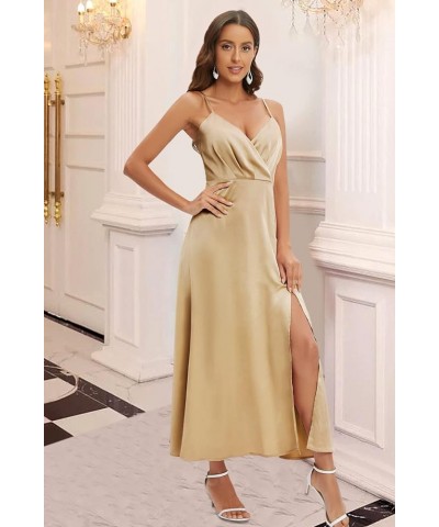 Women's 2024 Summer V Neck Satin Dress Spaghetti Strap Sleeveless Long Slit Cocktail Wedding Guest Maxi Dress Champagne $28.4...