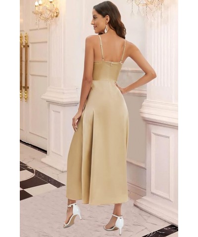 Women's 2024 Summer V Neck Satin Dress Spaghetti Strap Sleeveless Long Slit Cocktail Wedding Guest Maxi Dress Champagne $28.4...